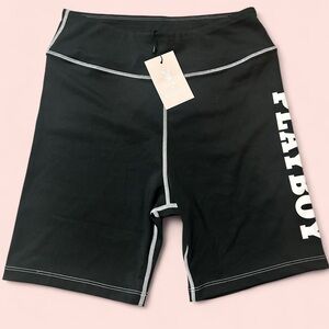 NWT PLAYBOY Black Biker Shorts with White Logo